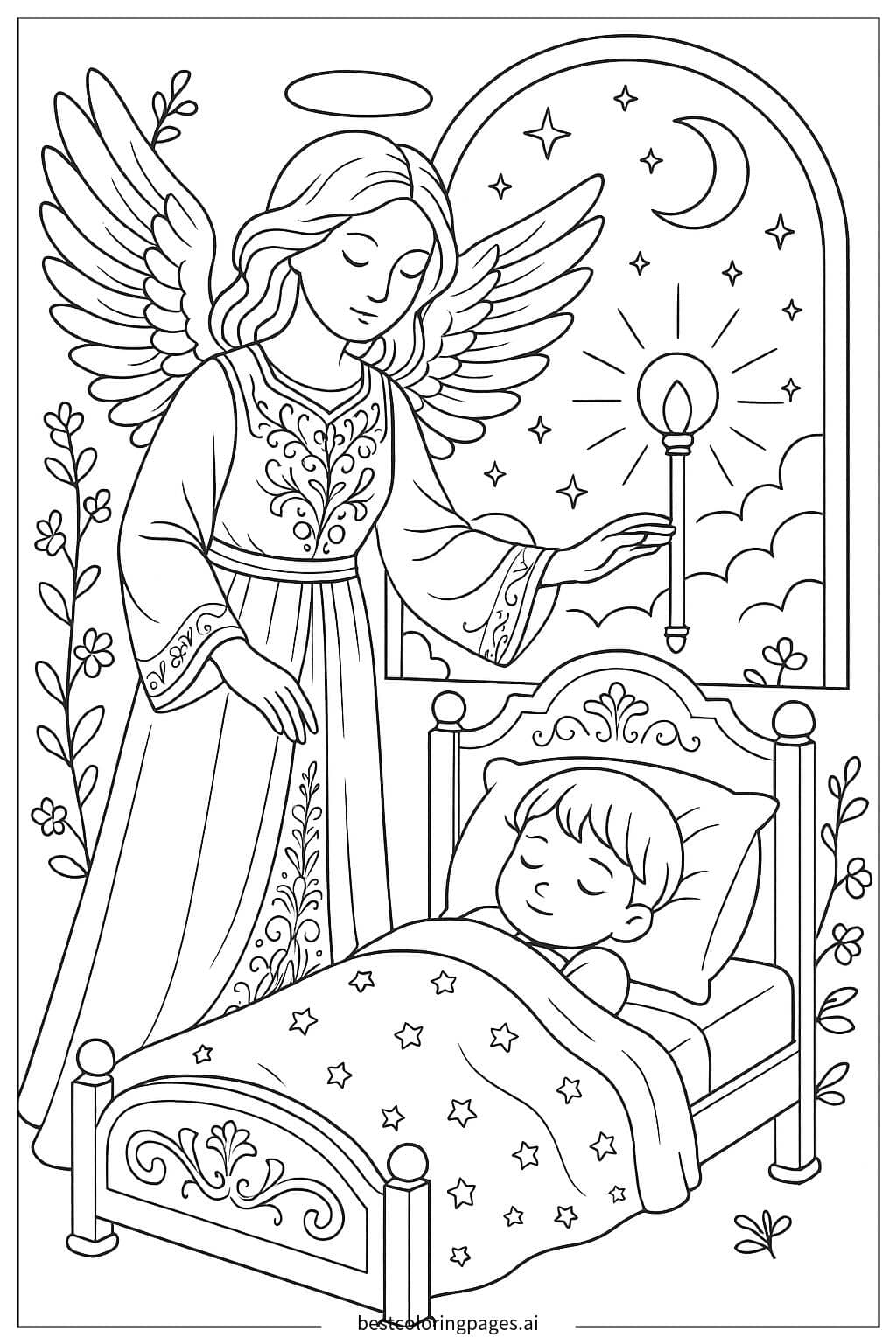 Desenhos de Anjo da Guarda protegendo uma criança dormindo para Colorir