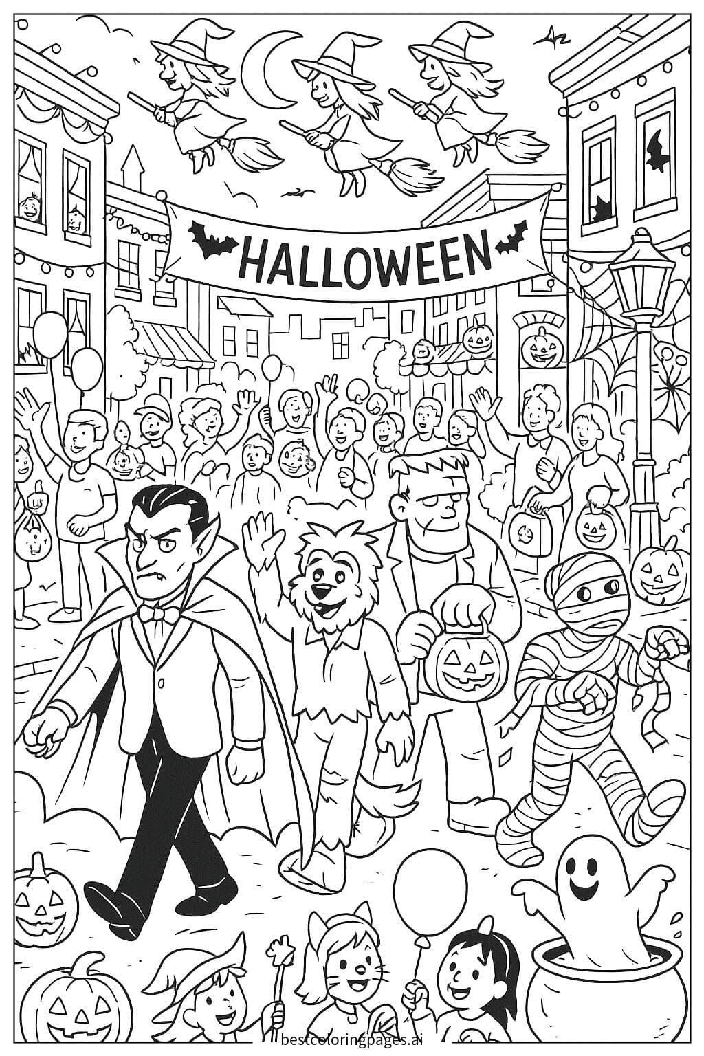 Halloween Parade with Monsters and Witches