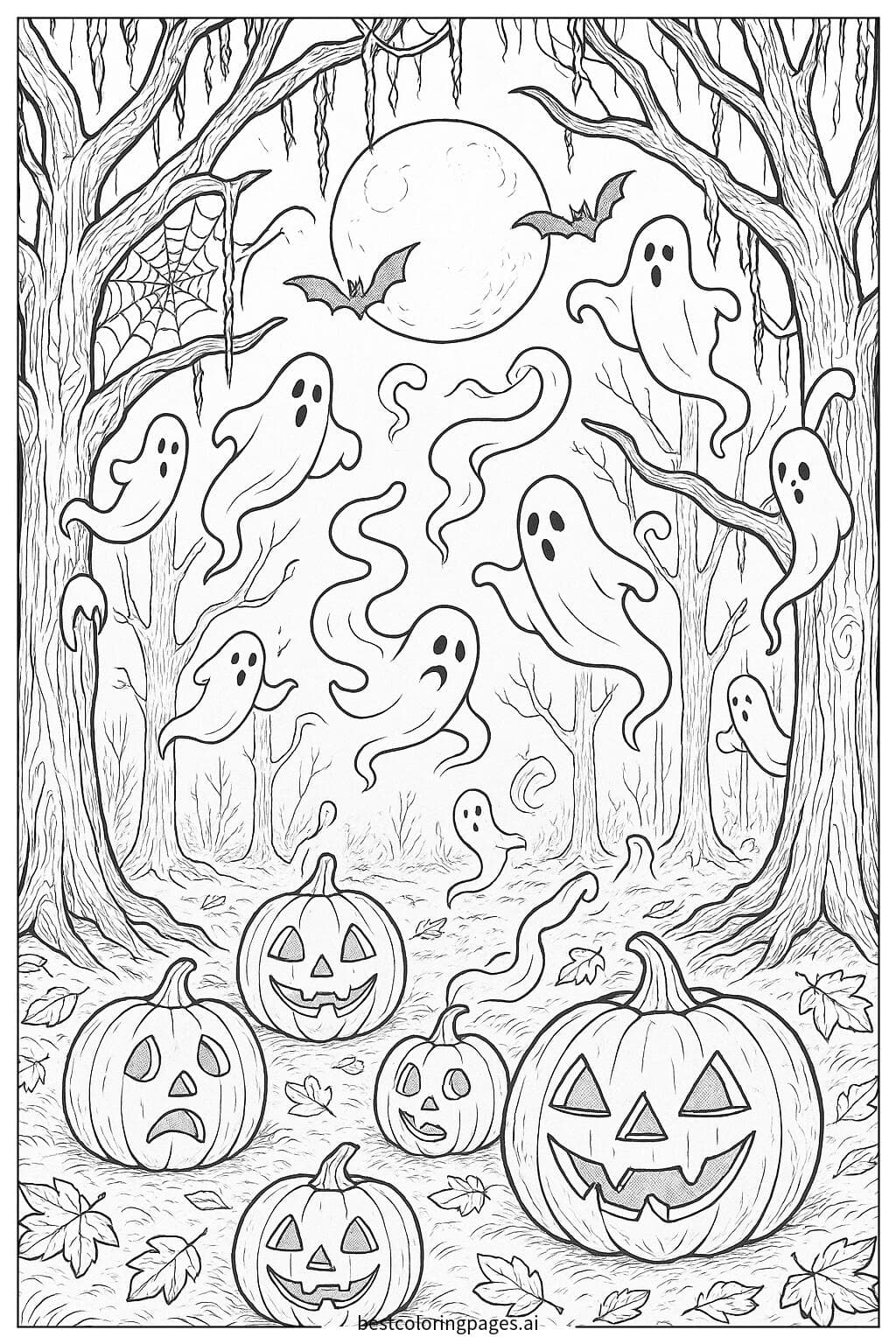 Spooky Forest with Ghosts and Glowing Pumpkins Coloring Page