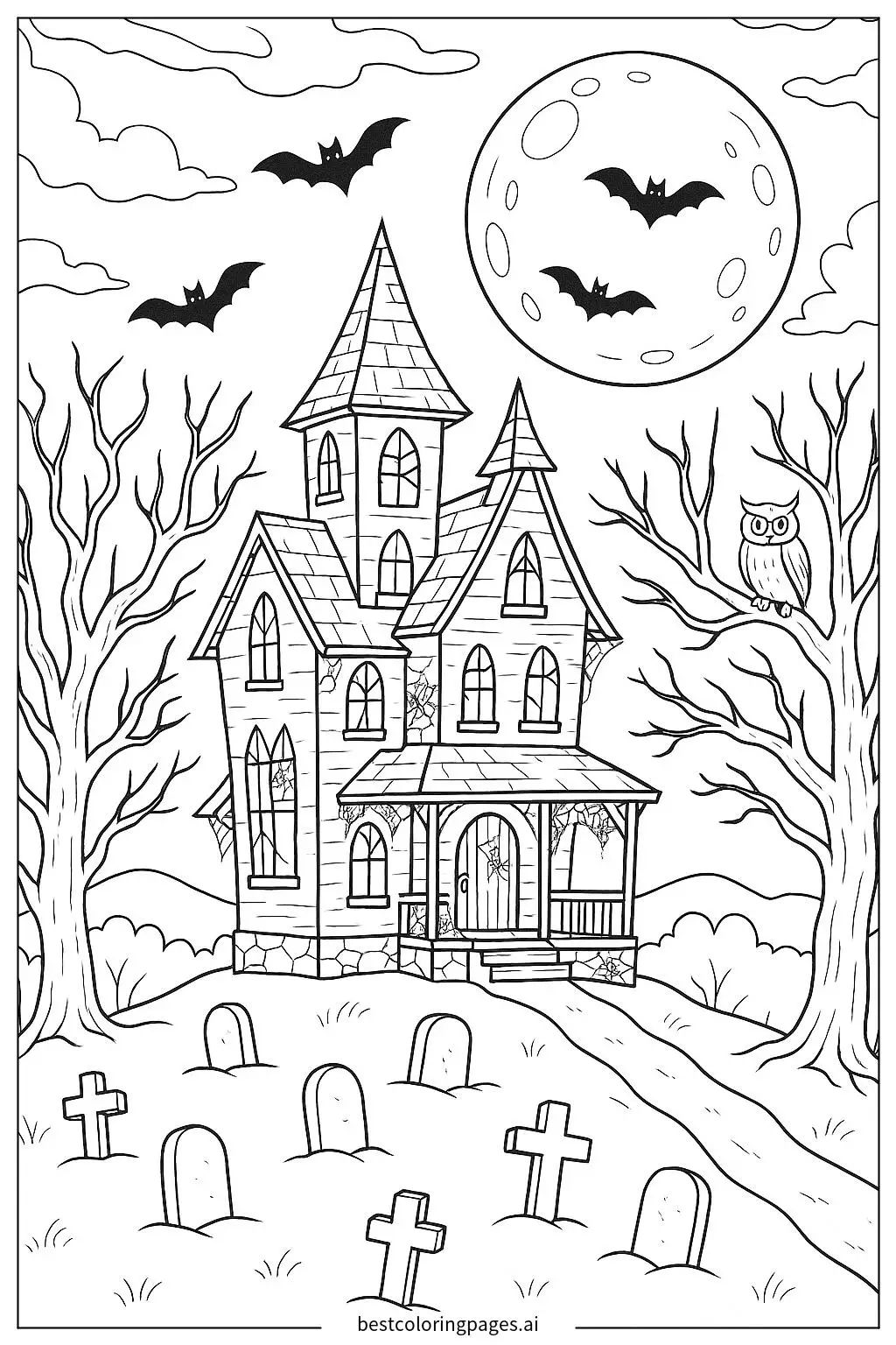 Haunted House on Hilltop Coloring Page
