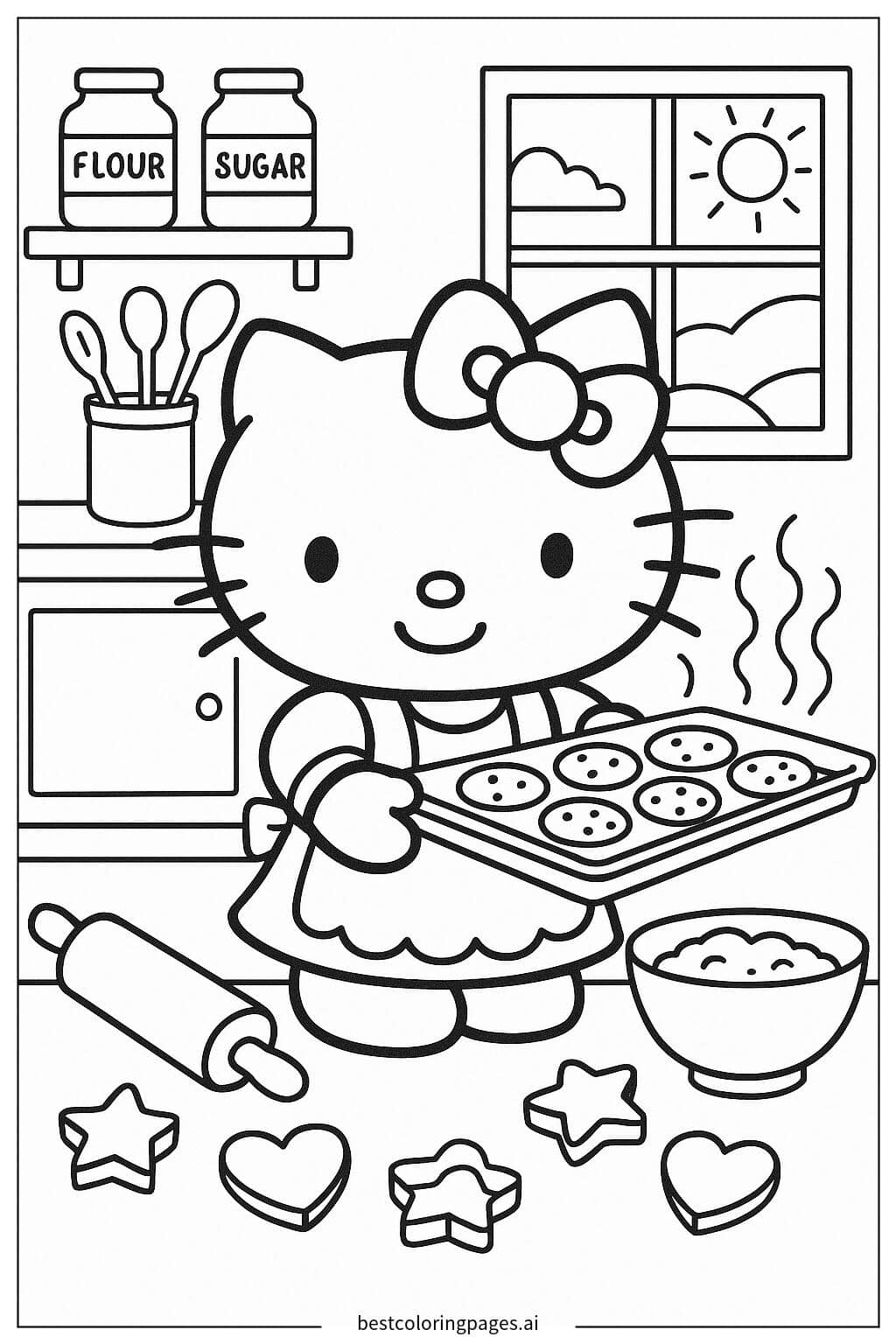 Gambar Mewarnai Hello Kitty Membuat Kue di Dapur