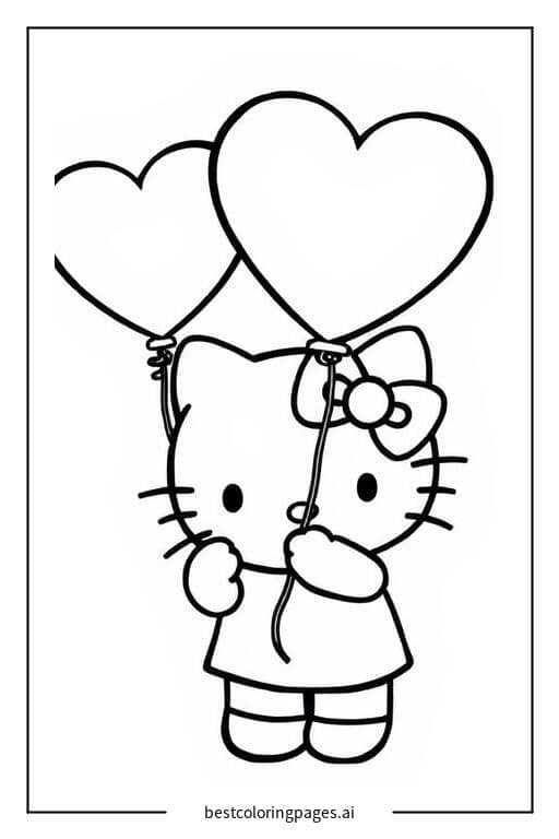 Gambar Mewarnai Hello Kitty memegang balon berbentuk hati