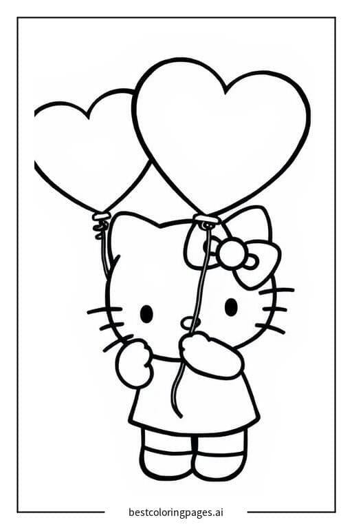 Coloriage Hello Kitty tenant un ballon en forme de cœur