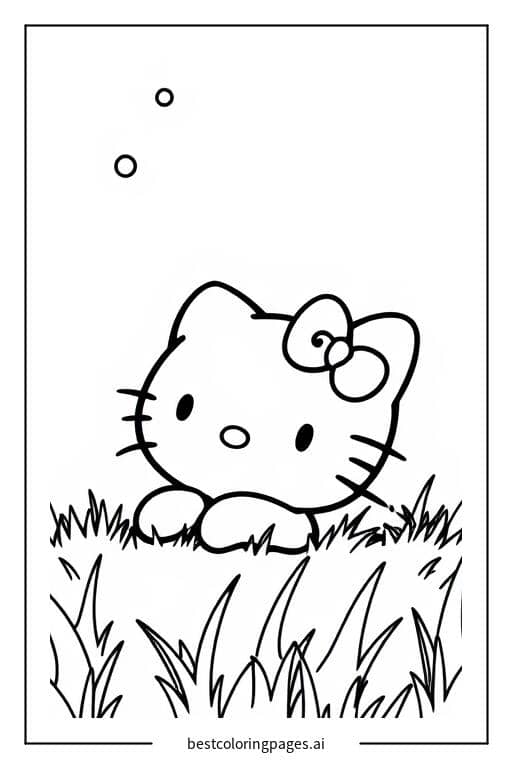 Gambar Mewarnai Hello Kitty berbaring di rumput melihat langit