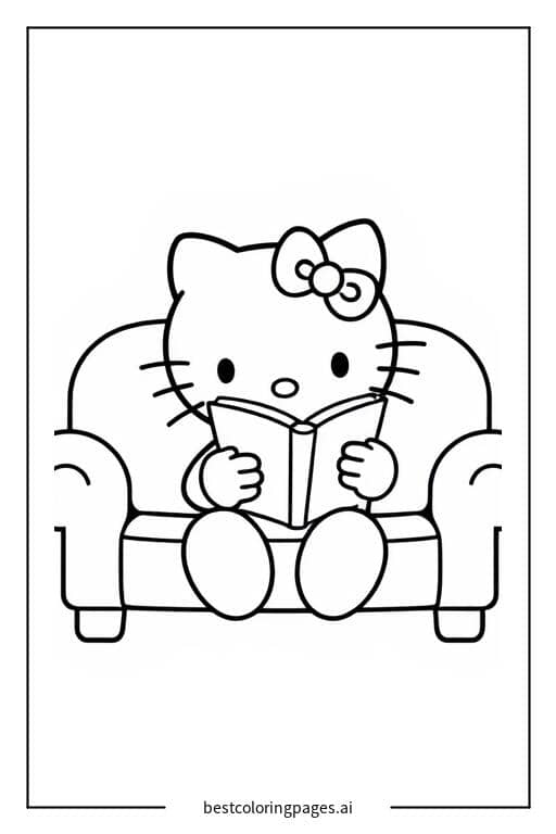 Gambar Mewarnai Hello Kitty sedang duduk di sofa membaca buku.