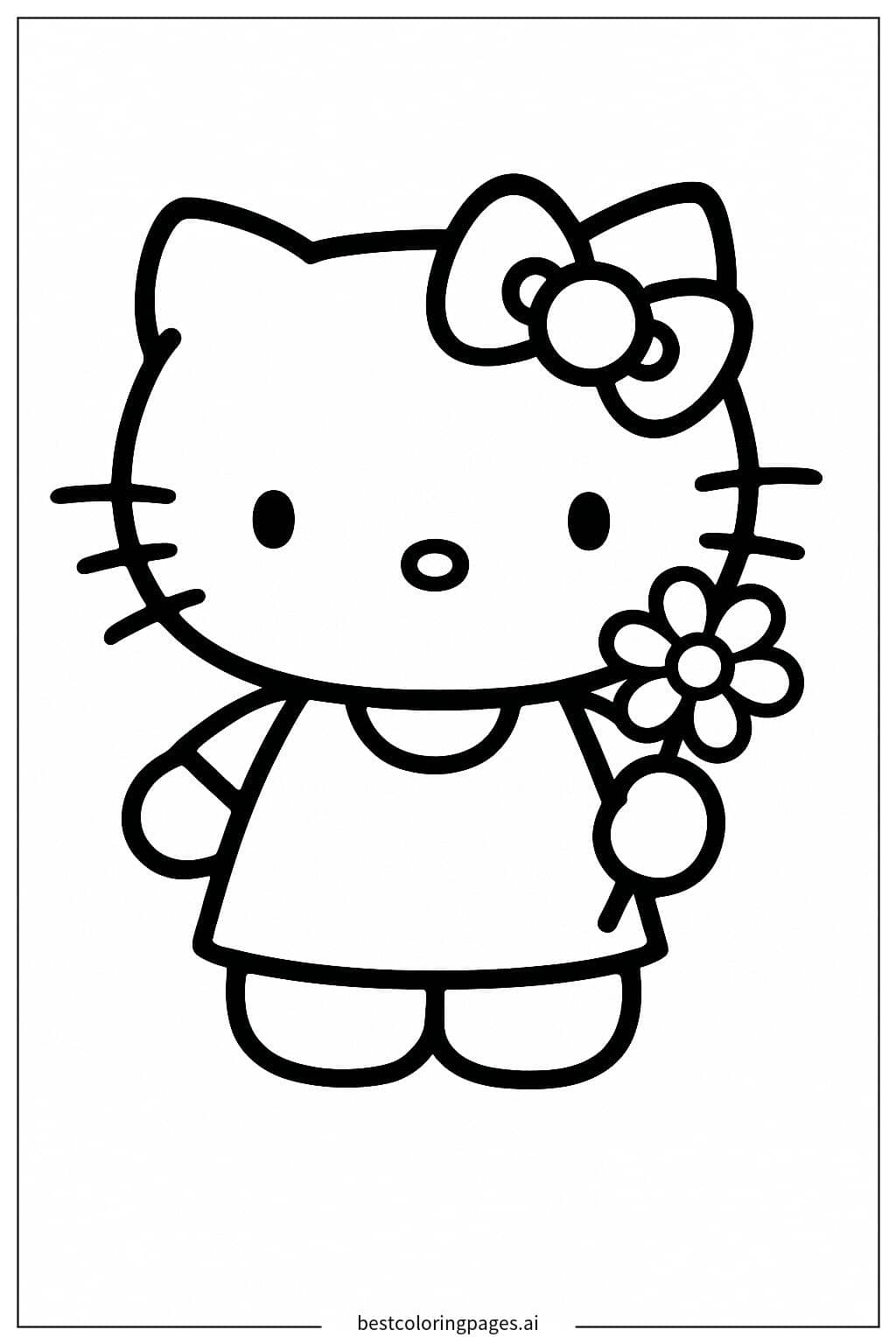 Gambar Mewarnai Hello Kitty dengan bunga sederhana di tangannya