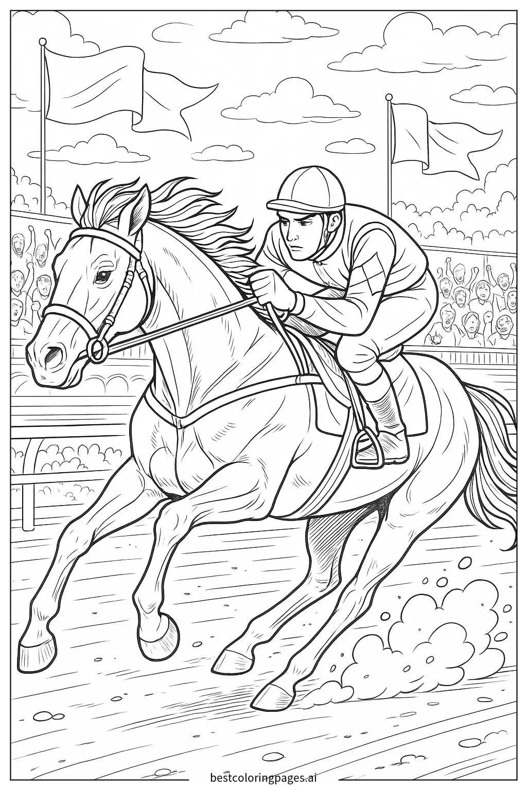 Galloping Horse and Jockey in a Thrilling Race Coloring Page