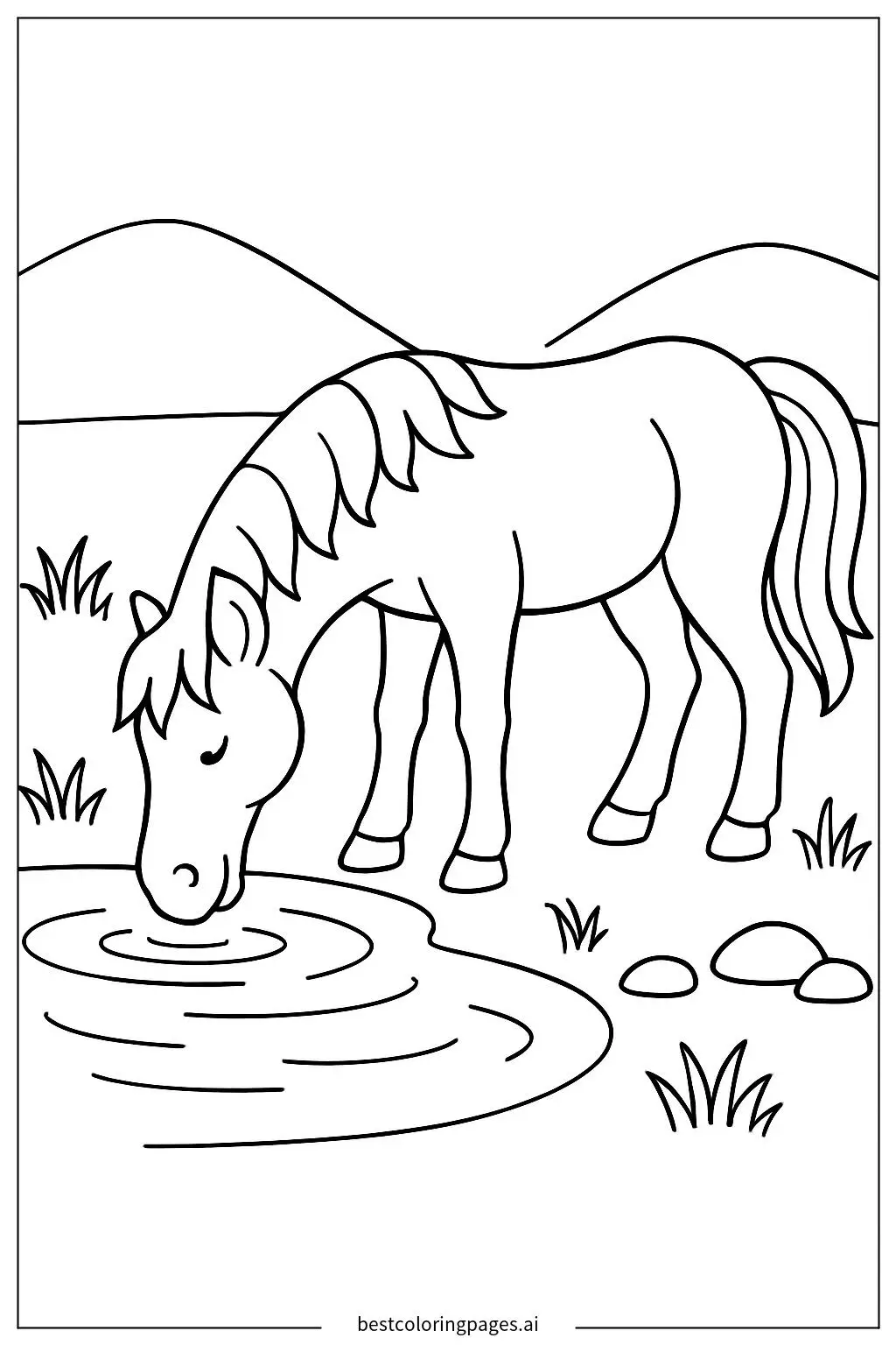 Horse Drinking Water by a Pond Coloring Page