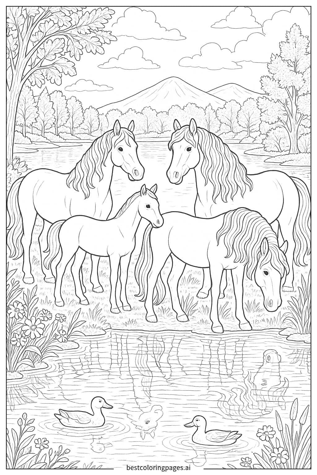 Horses by a Serene Lake Coloring Page