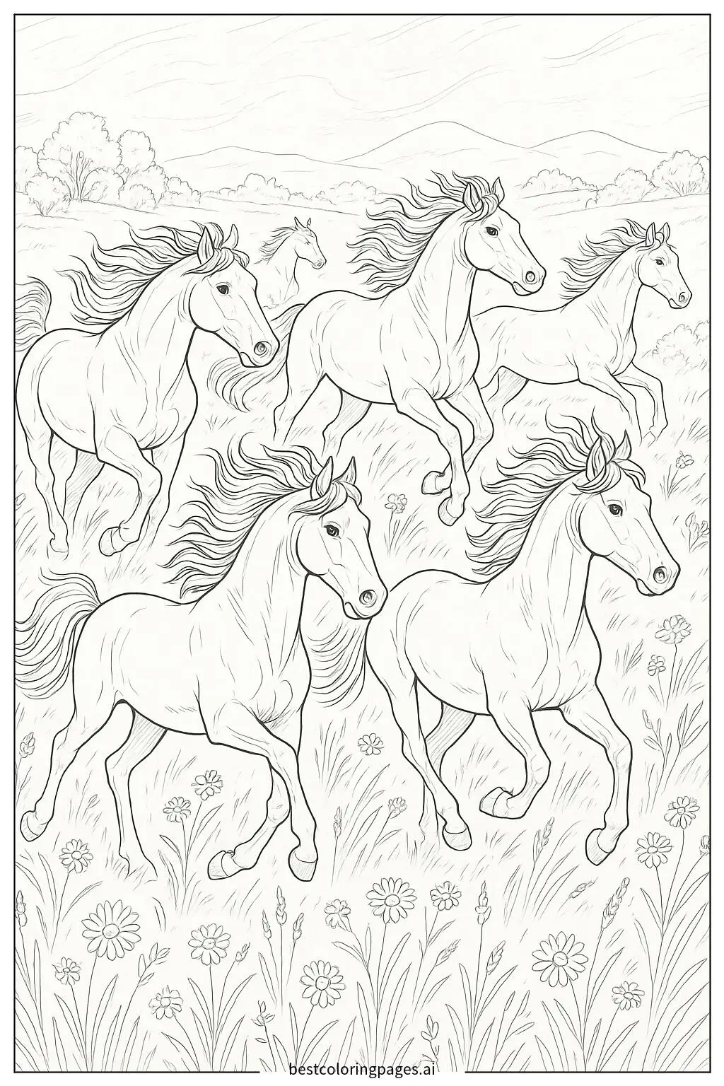 Majestic Horses Galloping in a Meadow Coloring Page