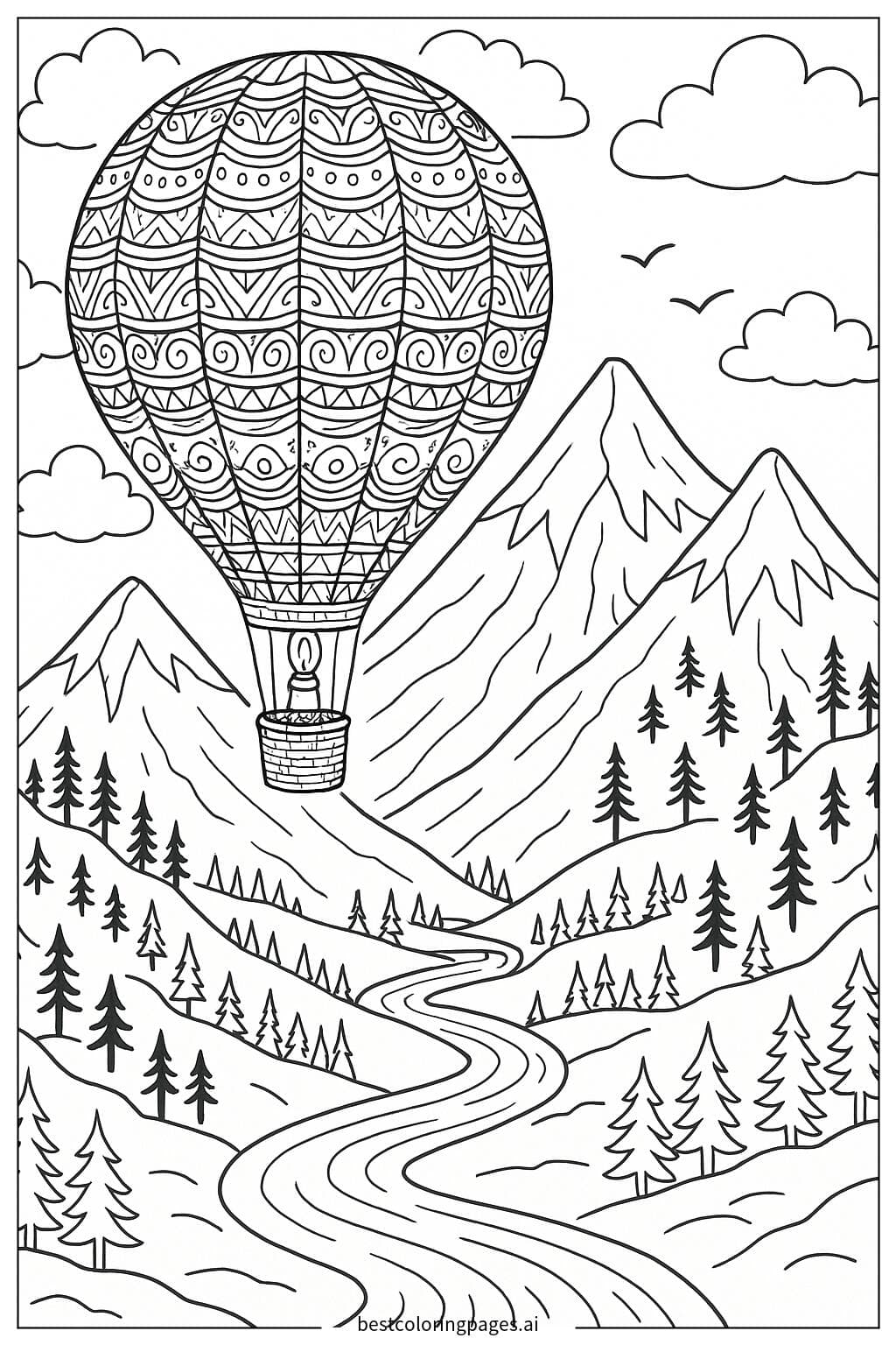 Hot Air Balloon Over Majestic Mountains