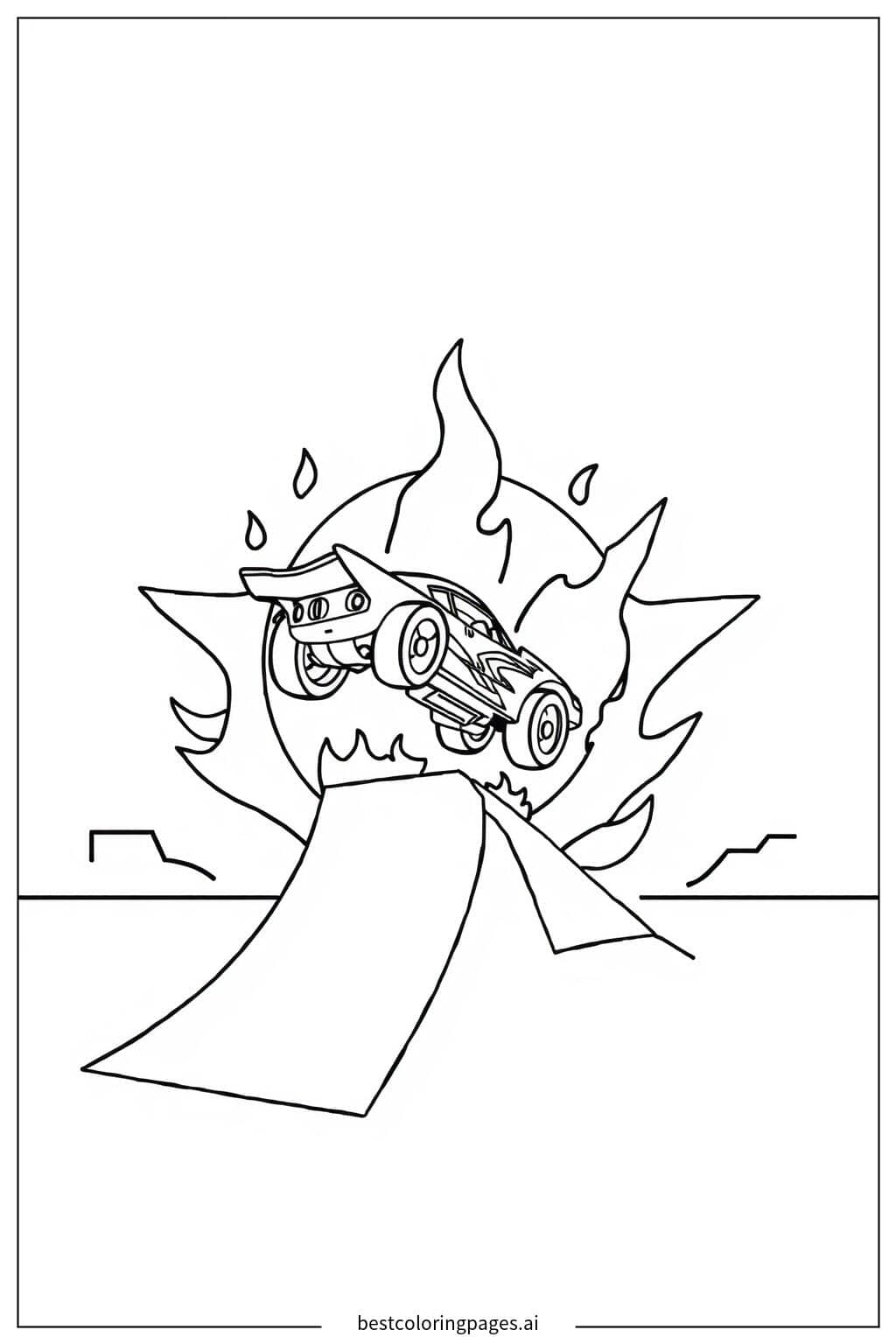 Hot Wheels Auto springt durch einen Feuerreifen Ausmalbilder