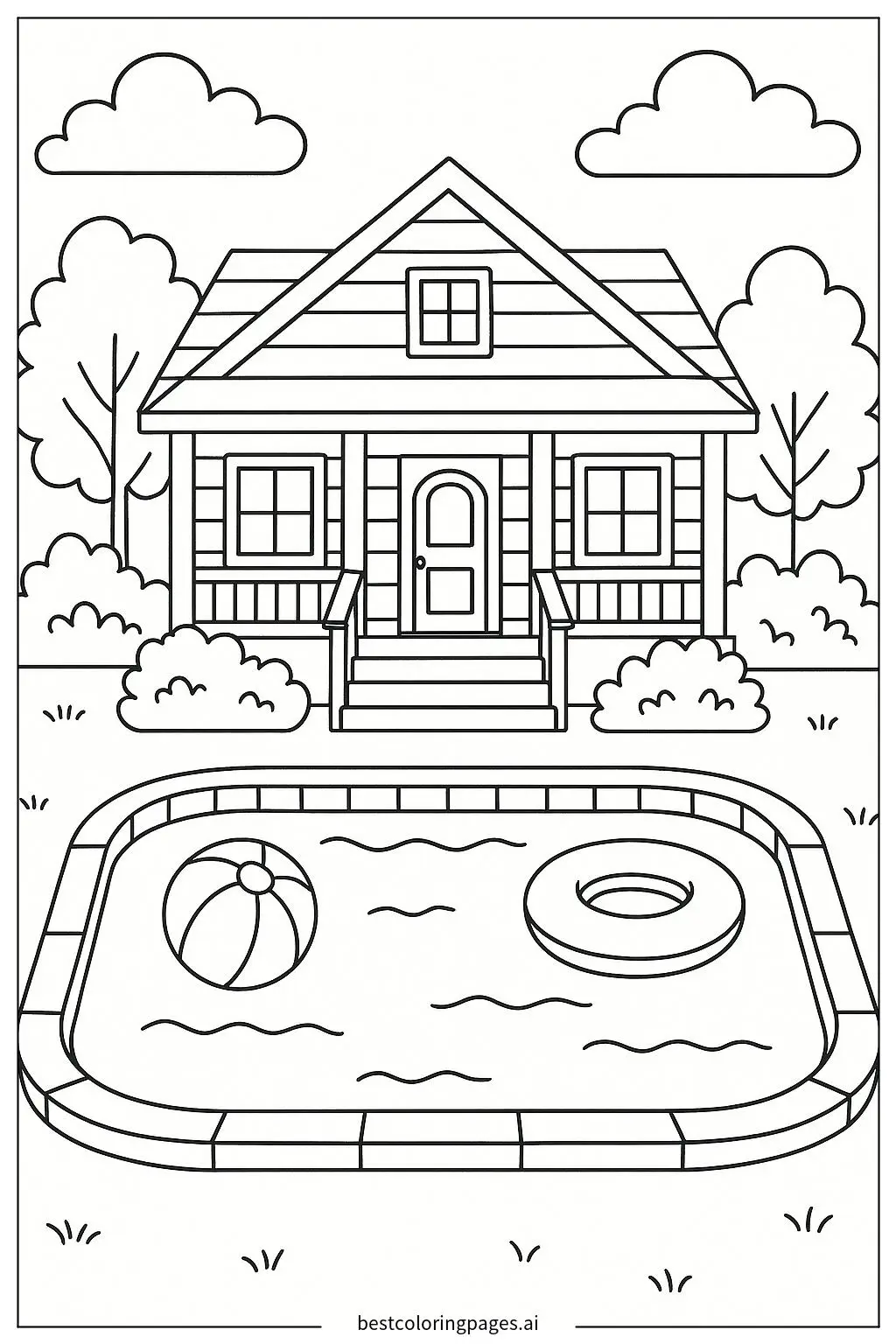 House with Swimming Pool Coloring Page