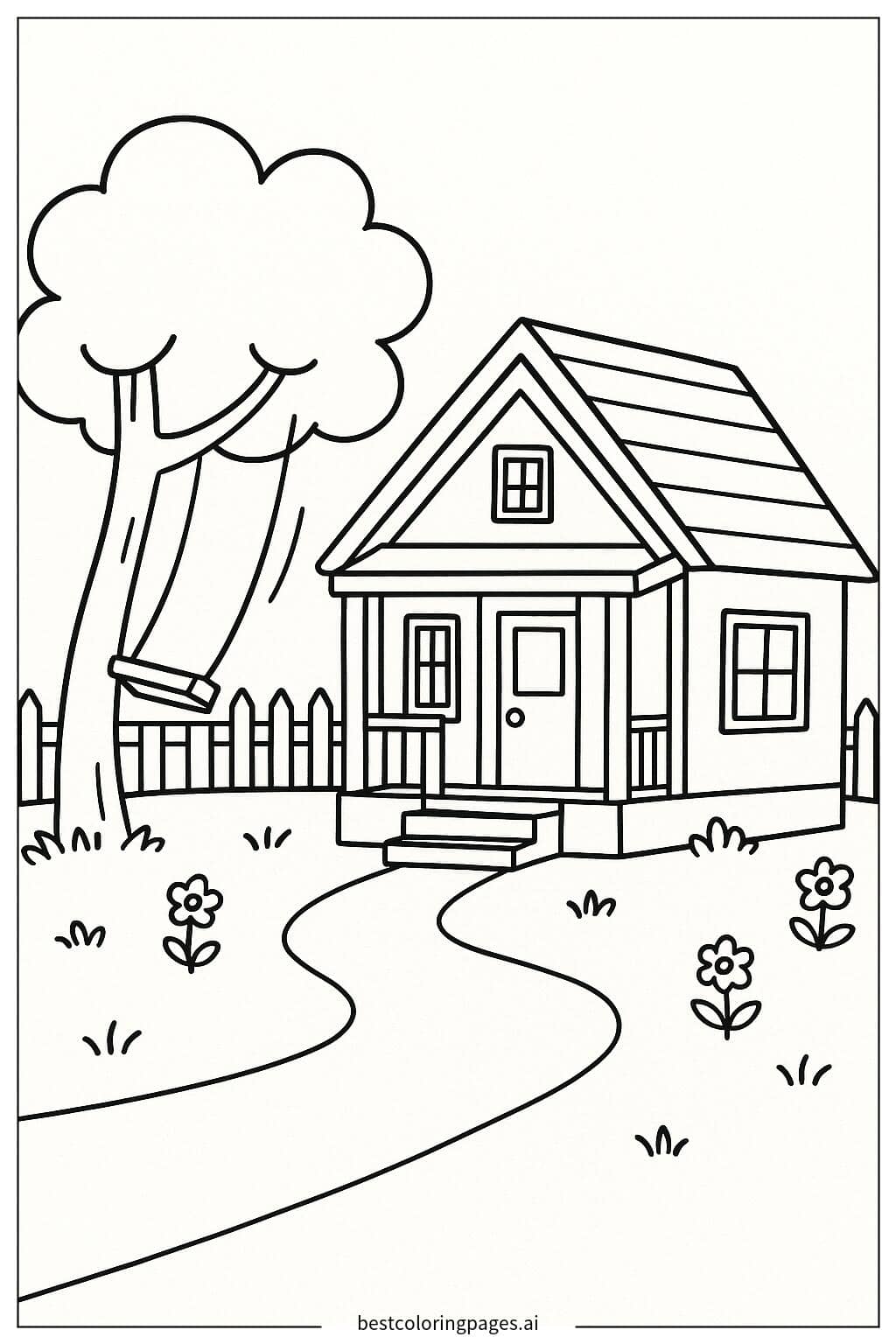 Cozy House with Swing Coloring Page
