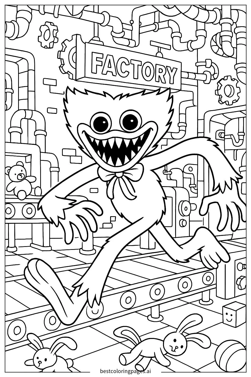Huggy Wuggy Chasing in the Factory Coloring Page