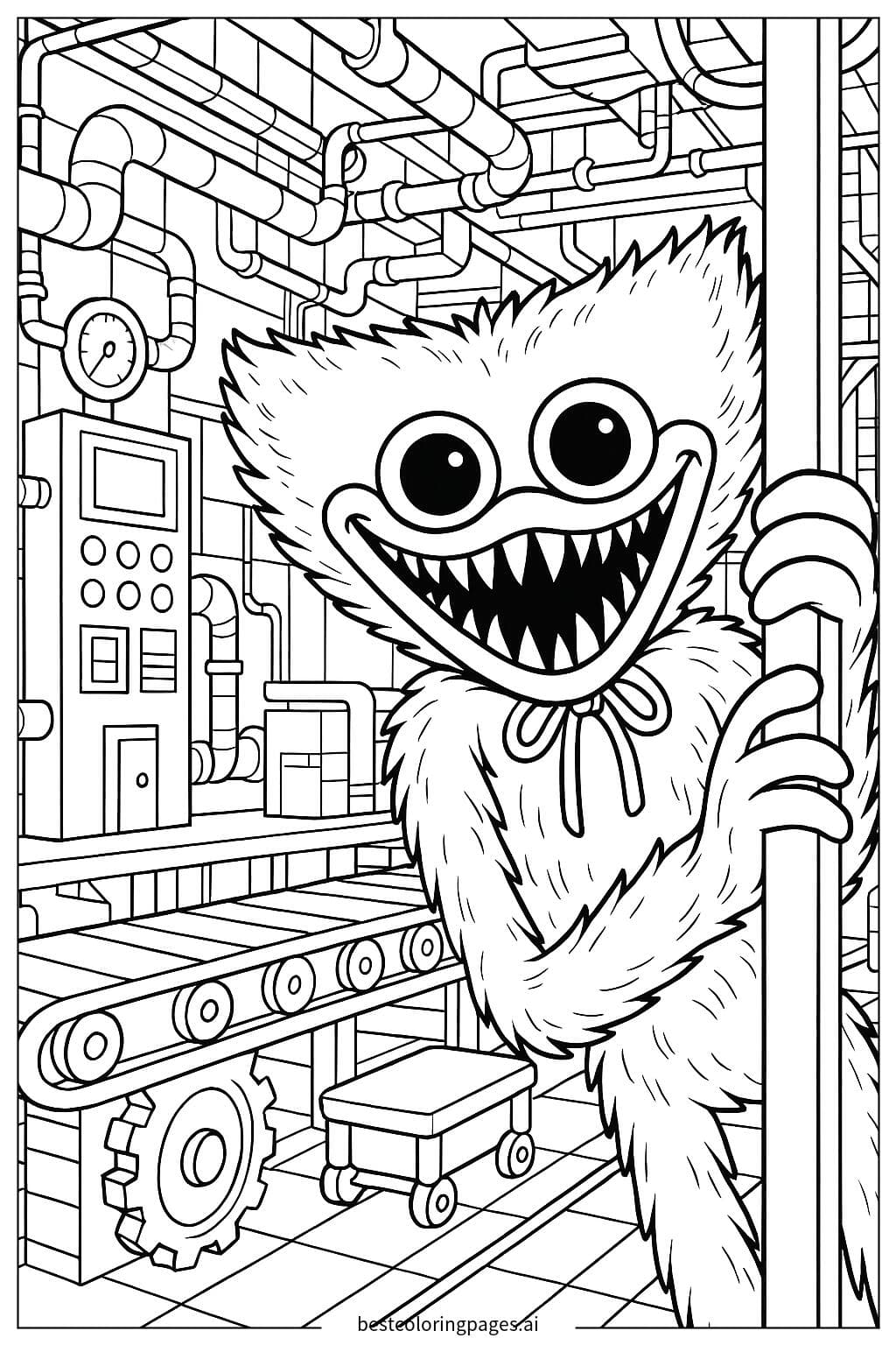 Huggy Wuggy hiding in a dark factory