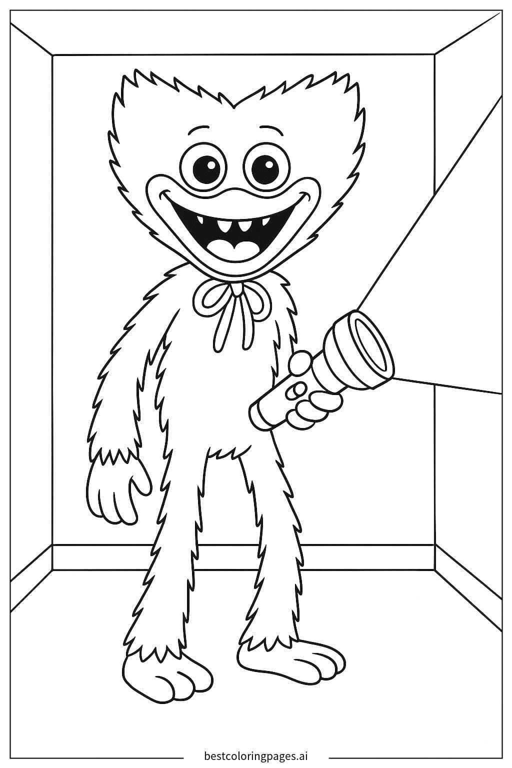 Huggy Wuggy Holding a Flashlight in a Dark Room