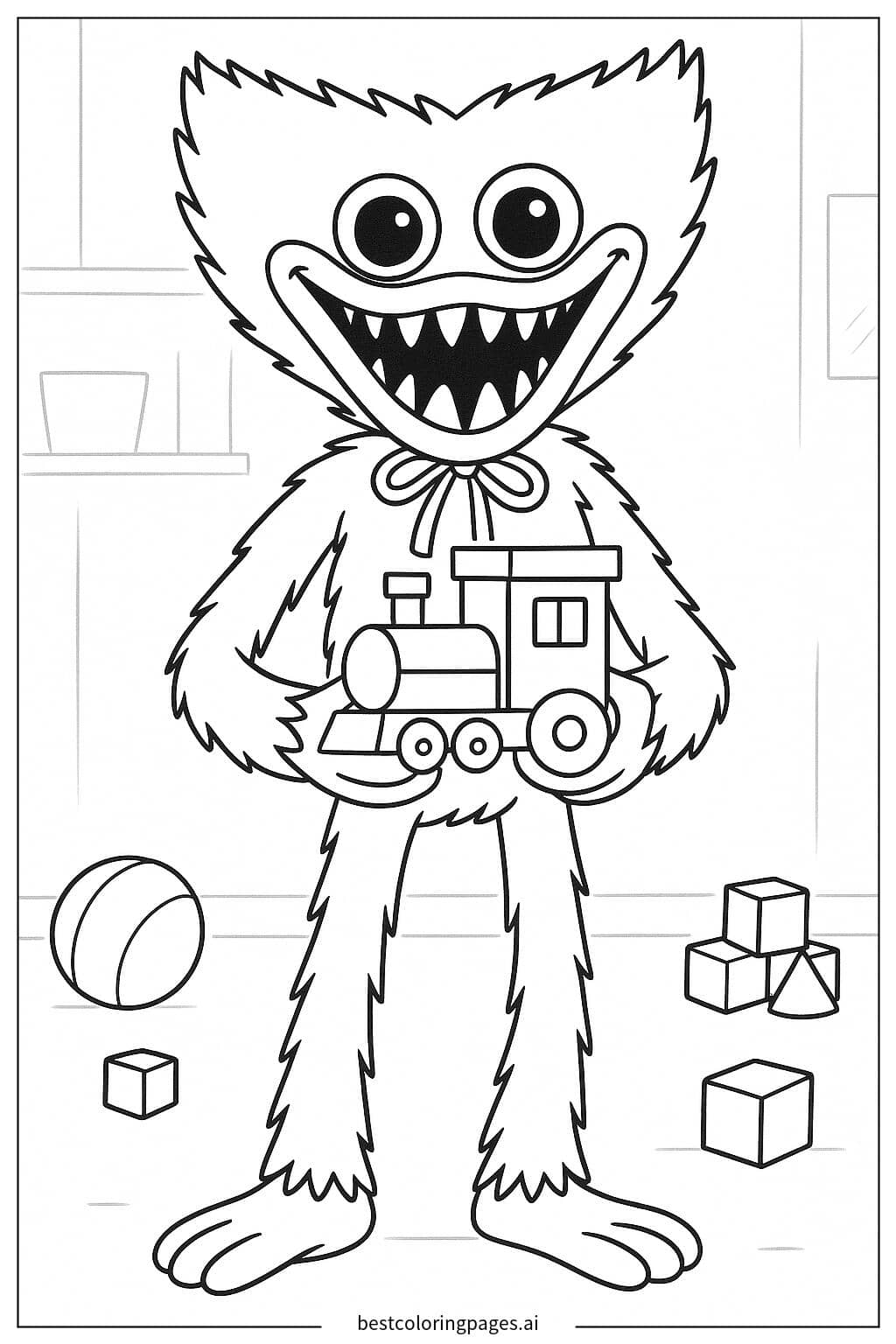 Huggy Wuggy Holding a Toy Train Coloring Page