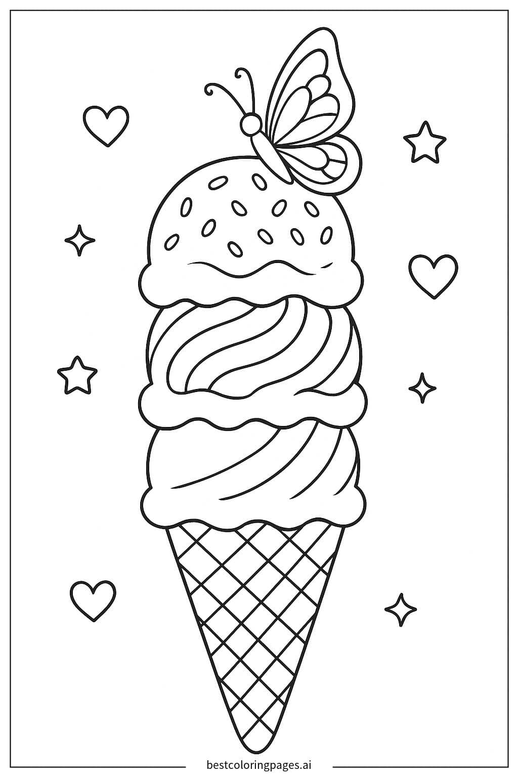 Ice Cream Cone with a Butterfly on Top Coloring Page