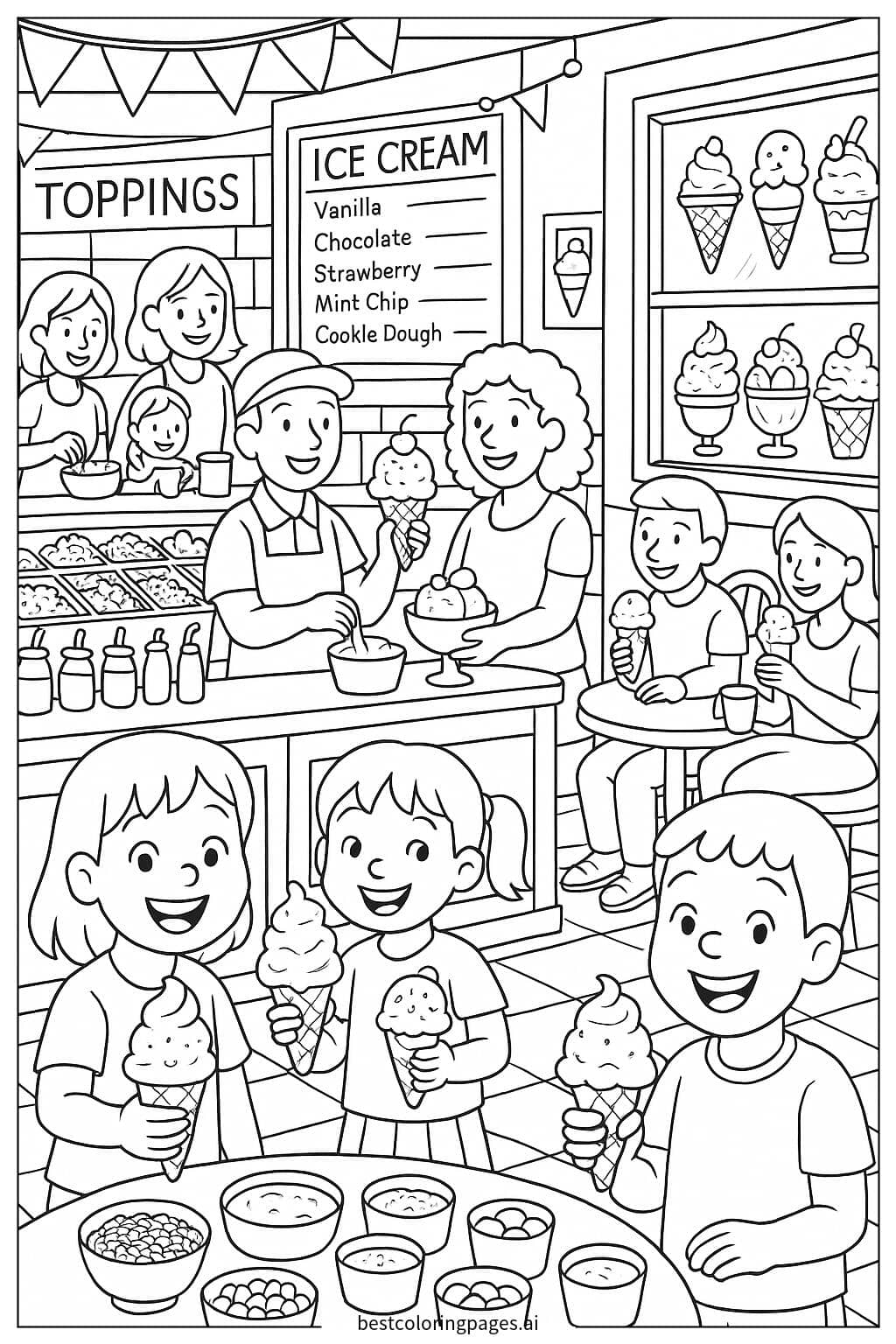 Ice Cream Shop Adventure: Customers and Toppings Galore Coloring Page