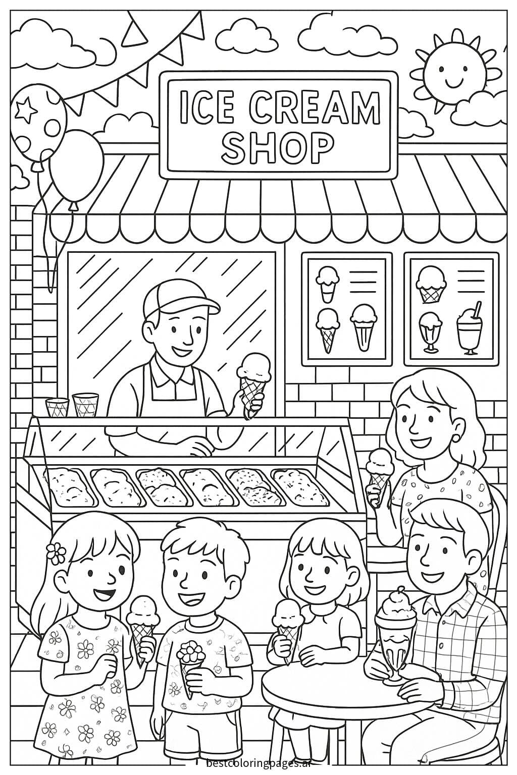 Ice Cream Shop Scene with Happy Customers