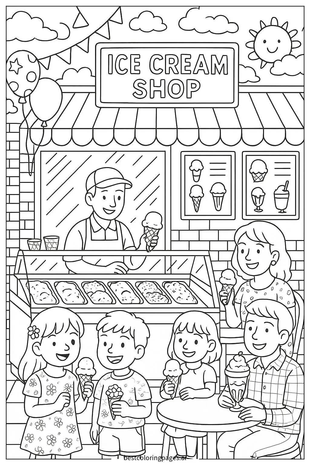 Ice Cream Shop Scene with Happy Customers