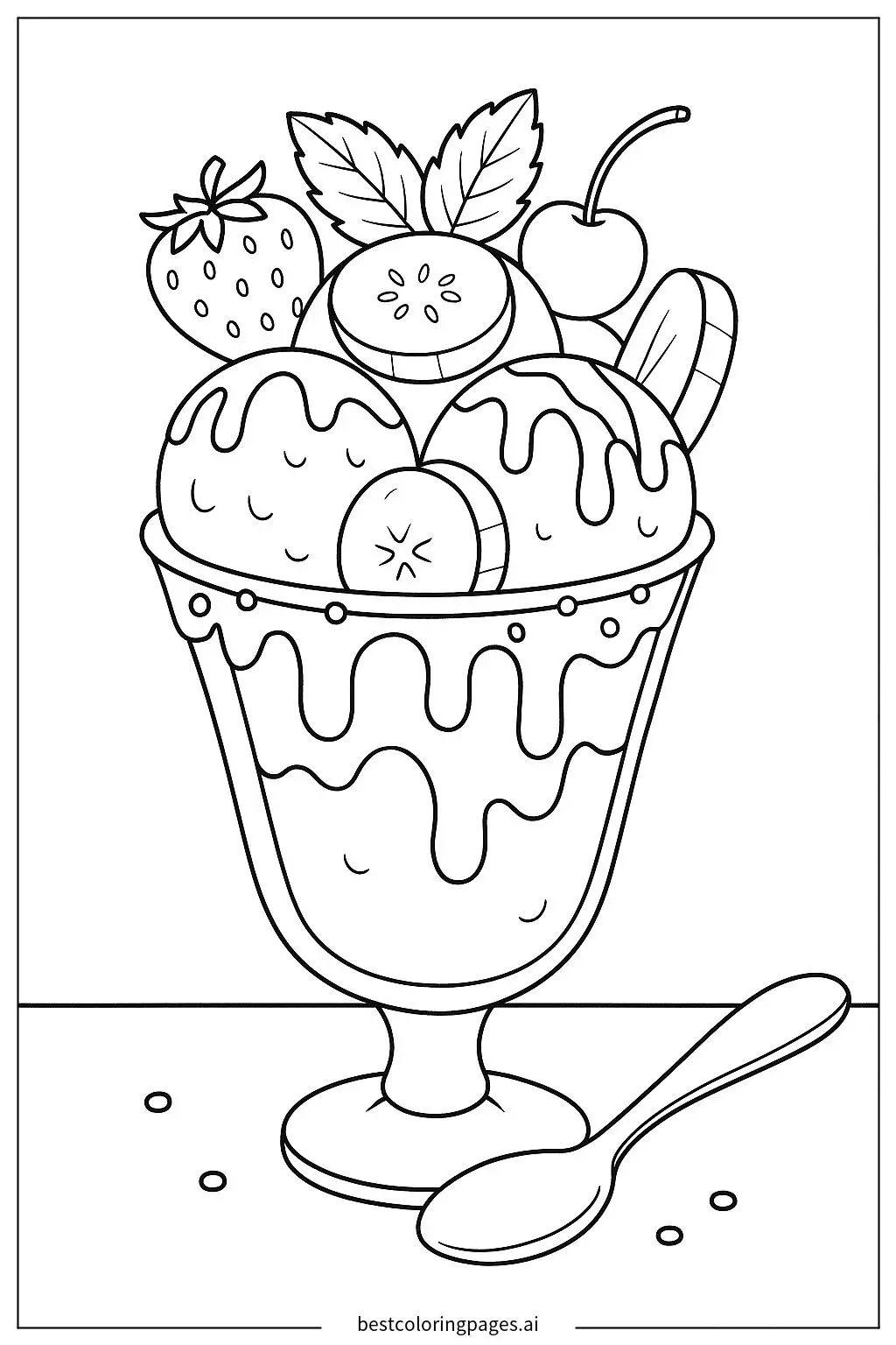 Delicious Ice Cream Sundae with Fruits and Chocolate Drizzle