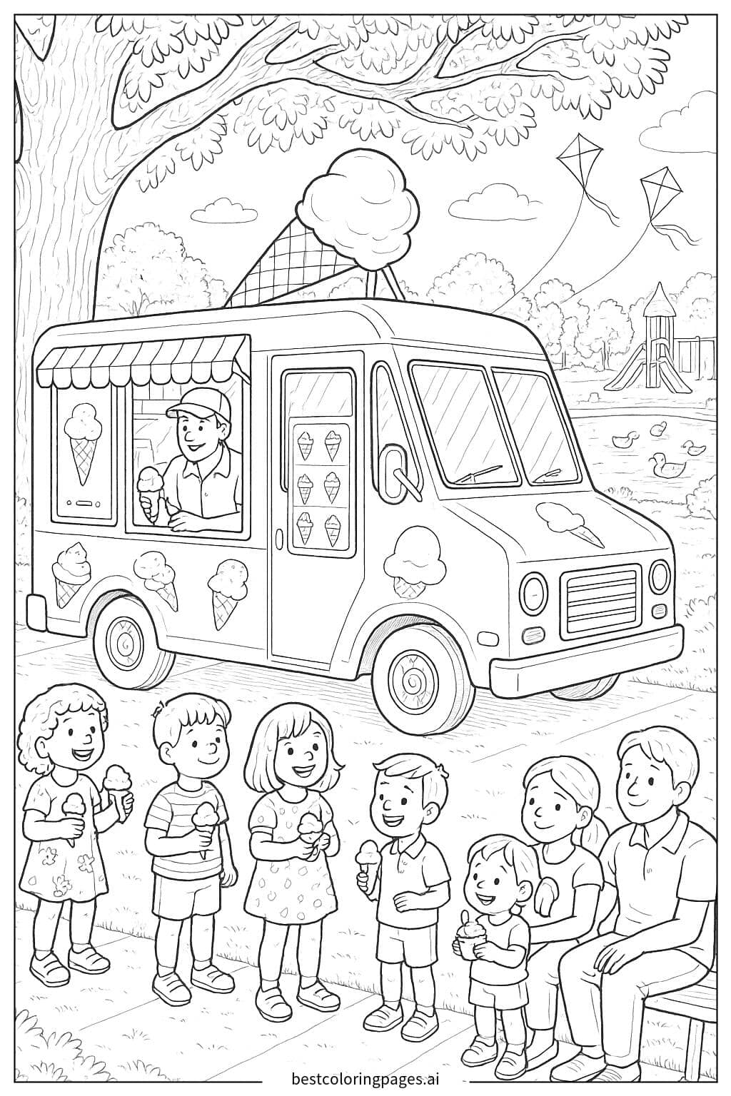 Ice Cream Truck in a Summer Park Coloring Page