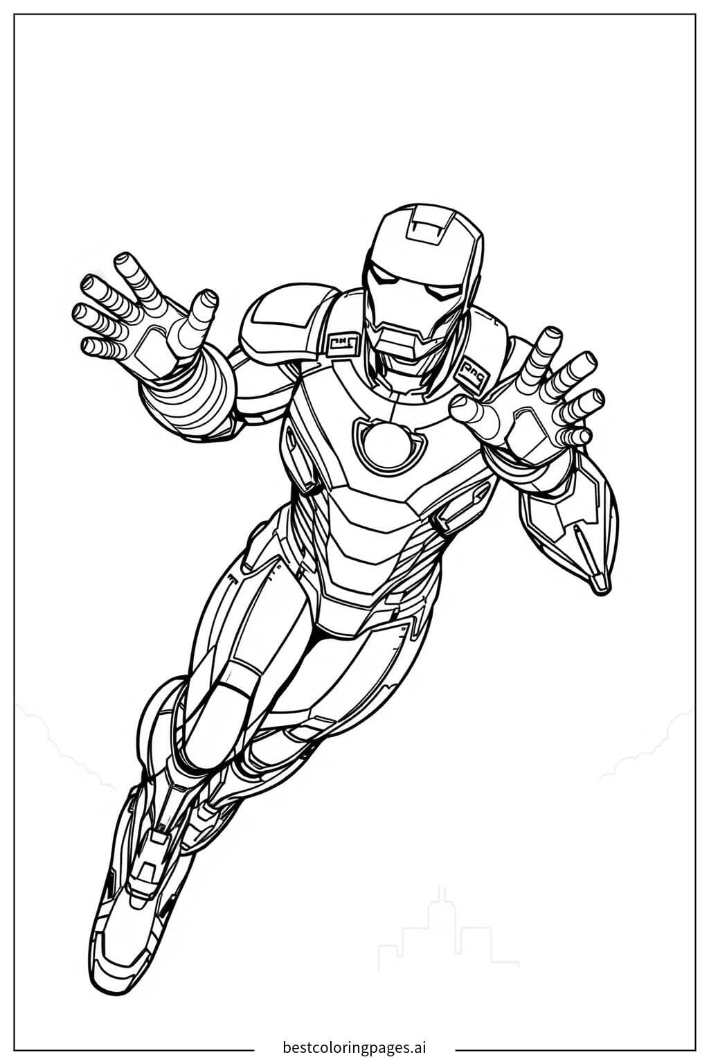 Iron Man in volo con i raggi repulsori pronti.