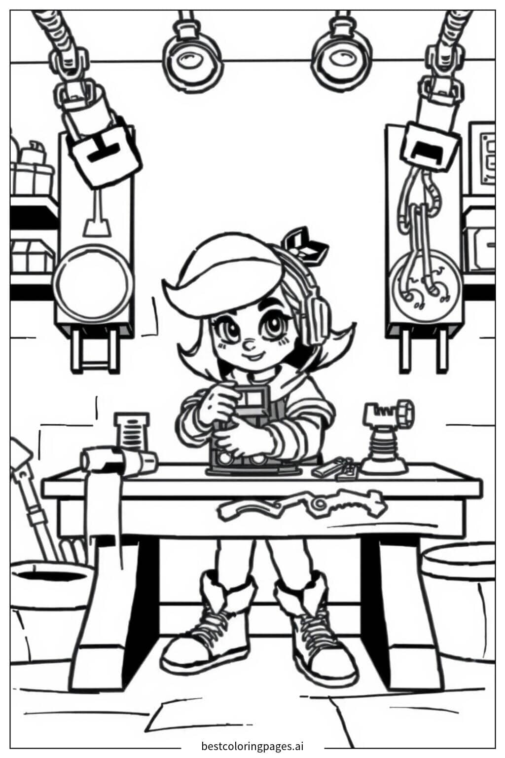 Desenhos de Jessie consertando sua torreta em uma oficina para Colorir