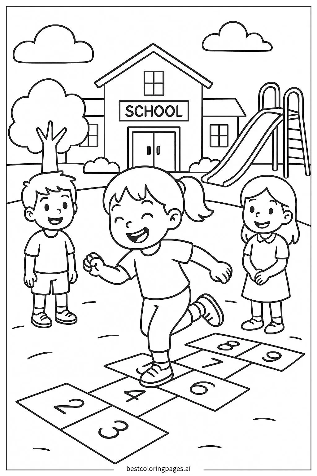Children Playing Hopscotch in the Schoolyard