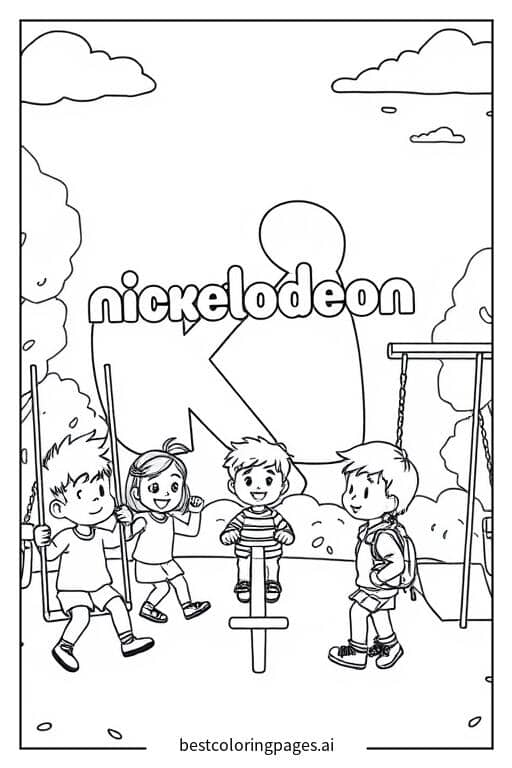 Children Playing in a Playground with Nickelodeon Logo Coloring Page