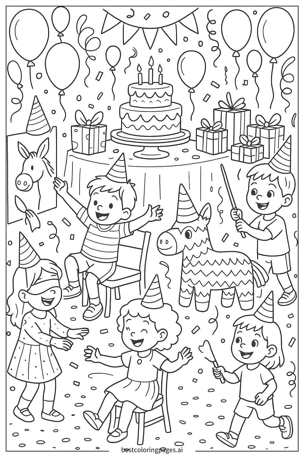 Kids Enjoying Birthday Party Games with Balloons Coloring Page