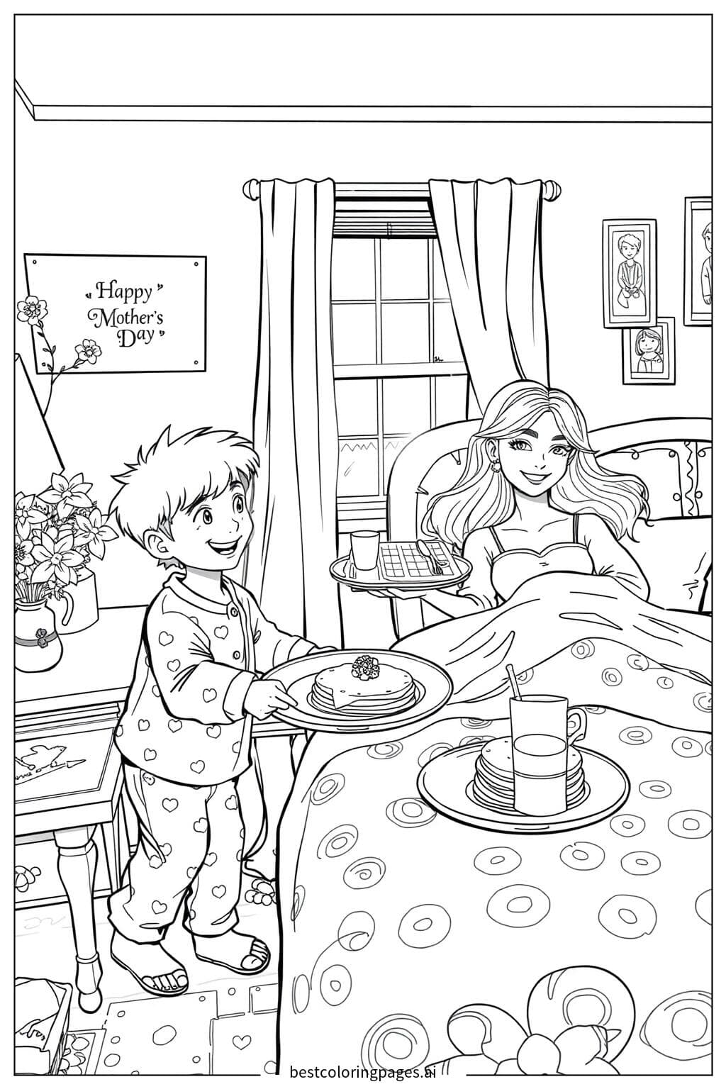 Kids Surprising Mom with Breakfast in Bed - Mother's Day Coloring Page