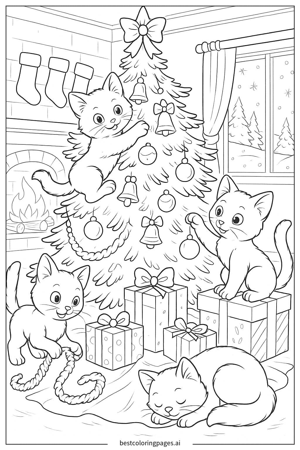 Playful Kitten Family Around a Christmas Tree
