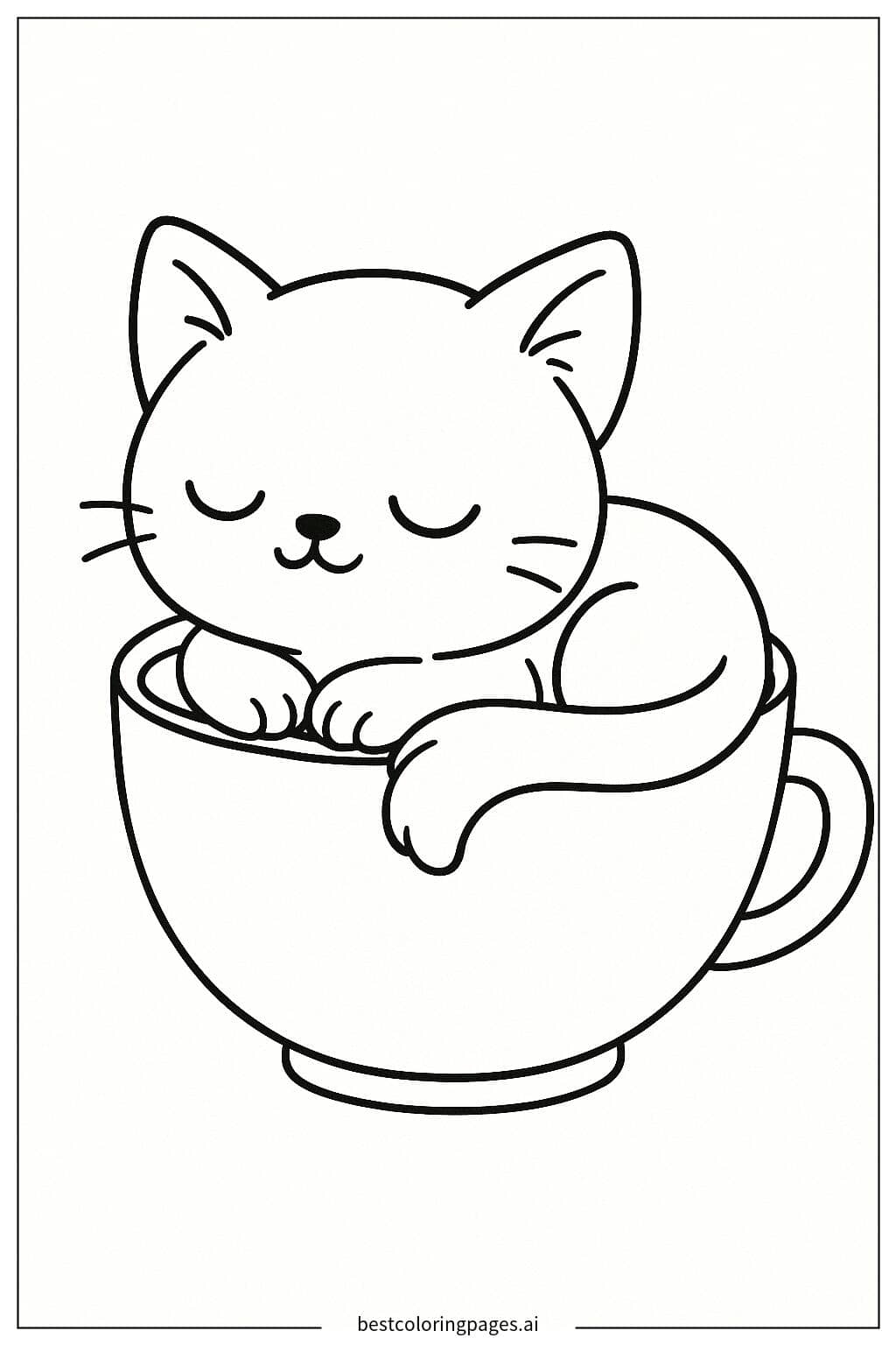 Disegni di Gattino che dorme in una tazza da tè da Colorare