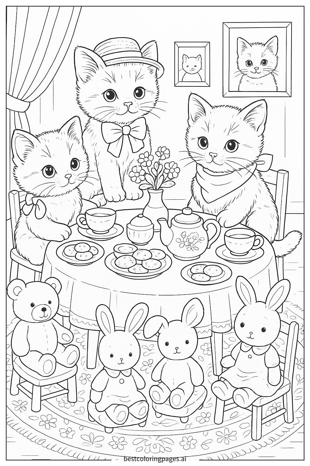 Coloriage Chatons prenant le thé avec des peluches