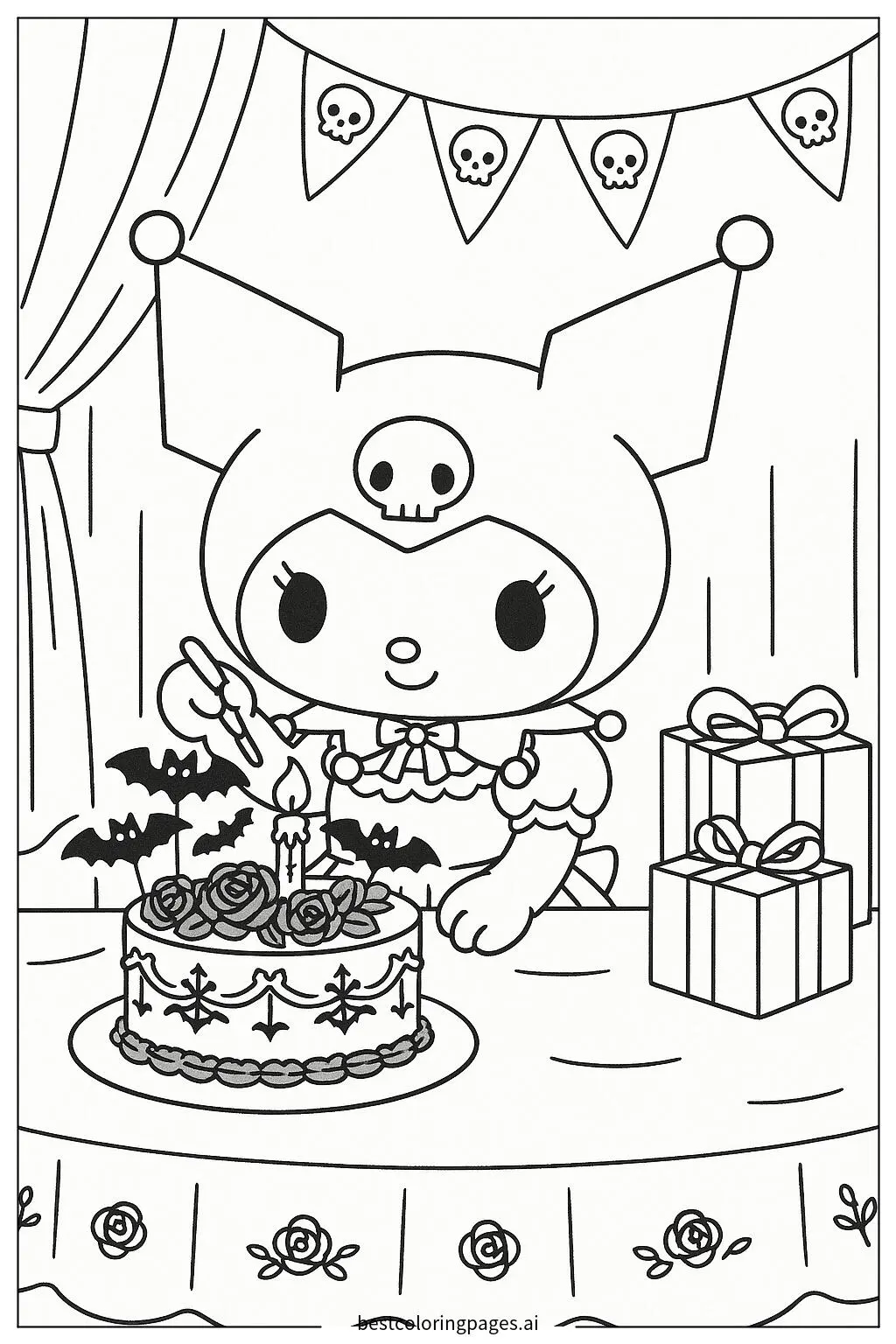 Kuromi Decorating a Gothic-Style Birthday Cake