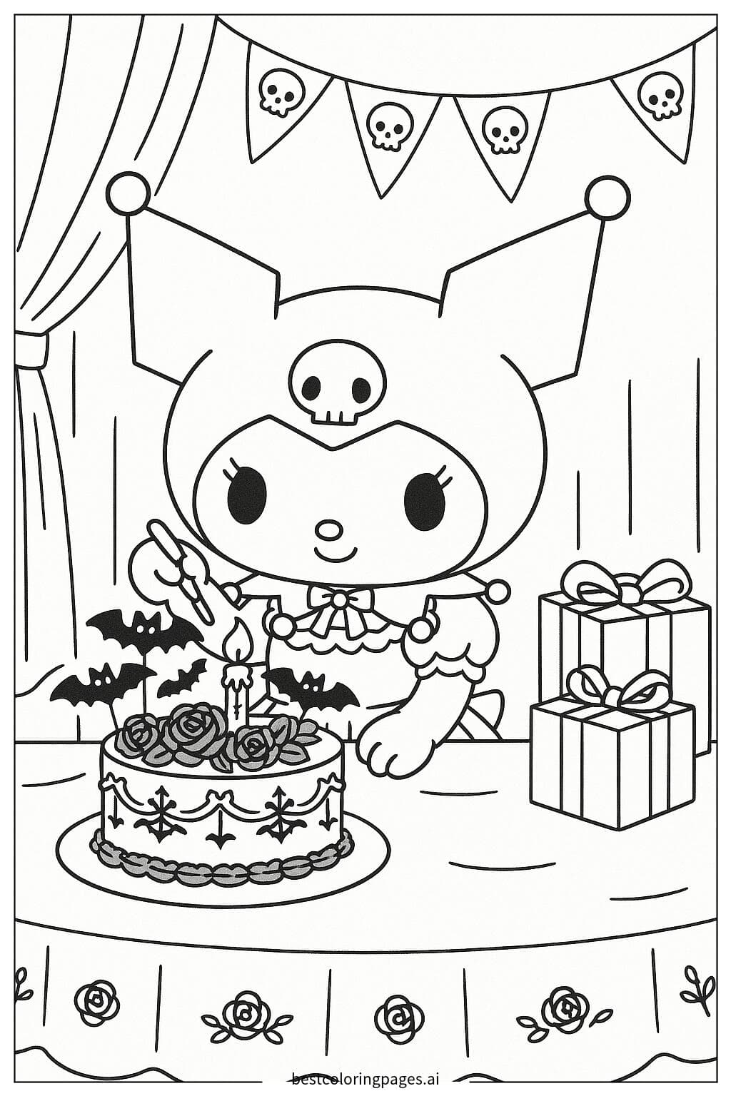 Kuromi Decorating a Gothic-Style Birthday Cake