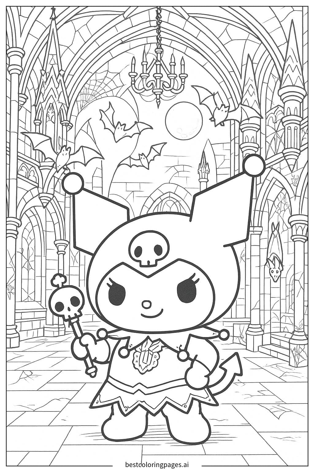 Kuromi in a Gothic Castle with Bats