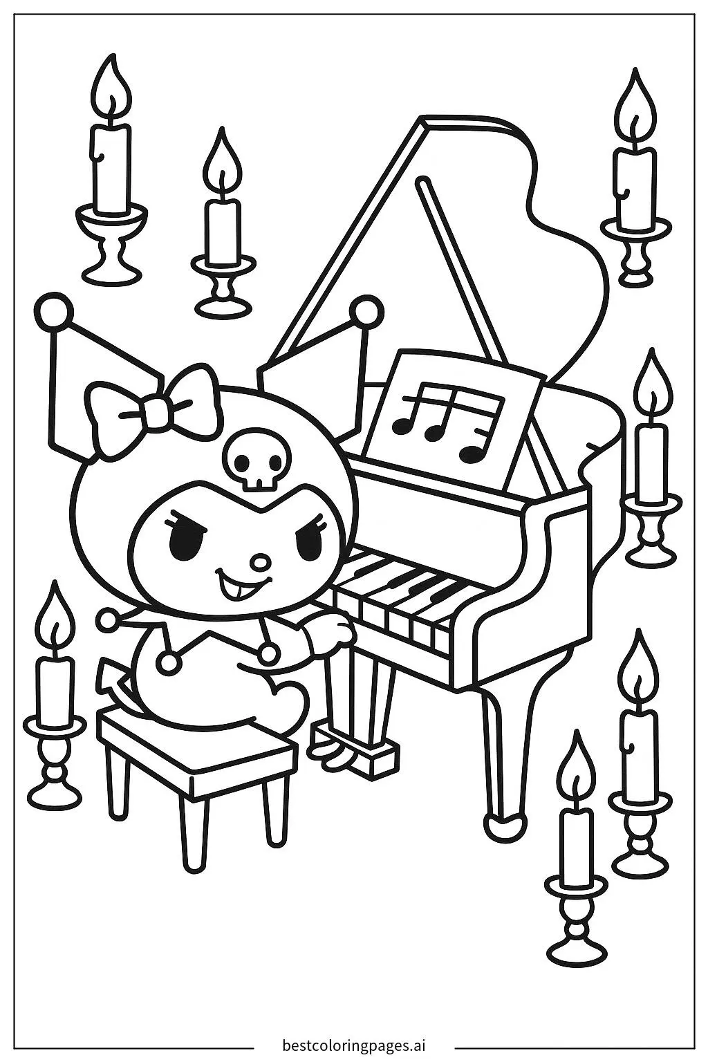 Kuromi Playing Piano Surrounded by Lit Candles