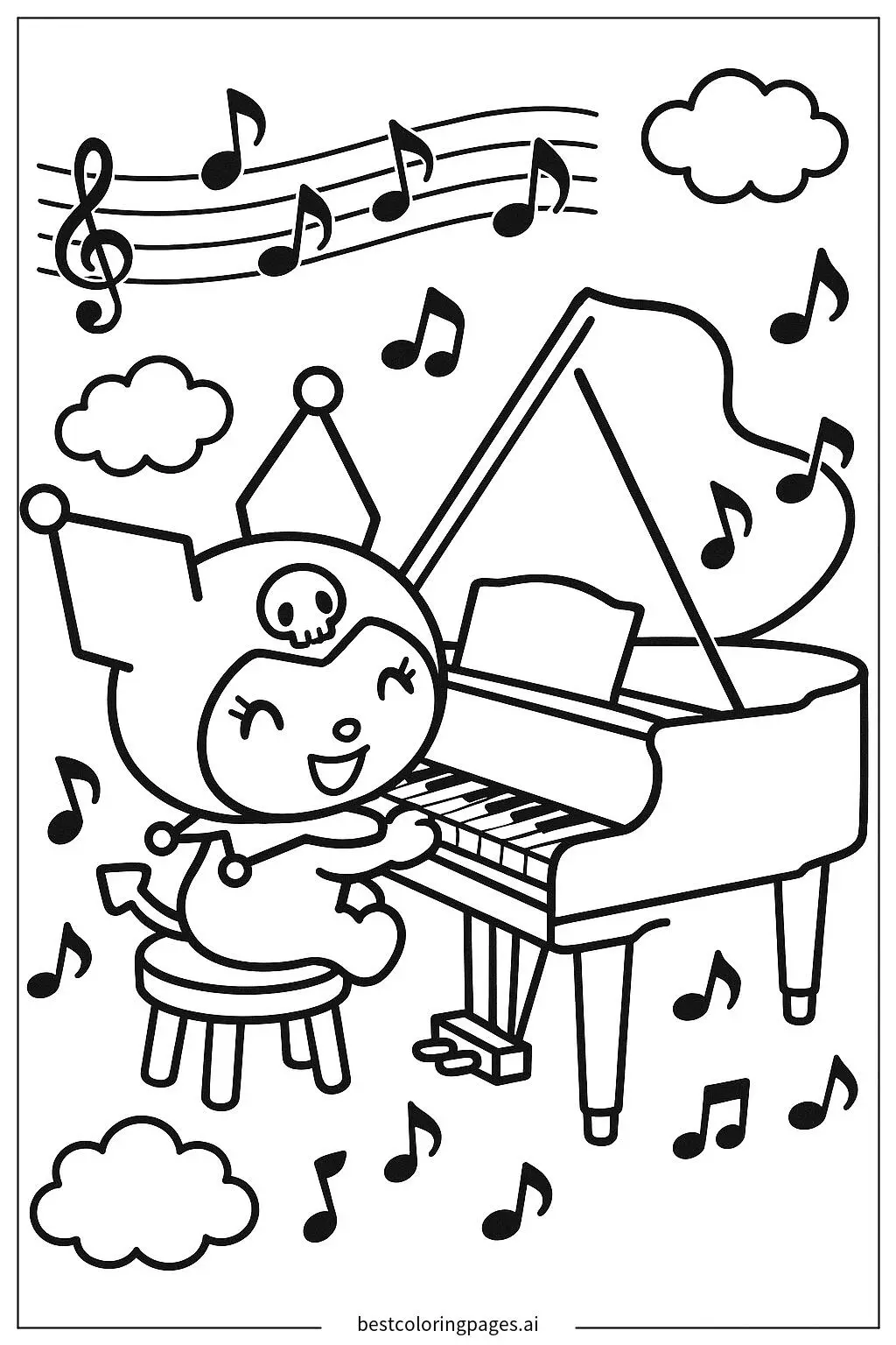 Kuromi Playing Piano with Musical Notes Around