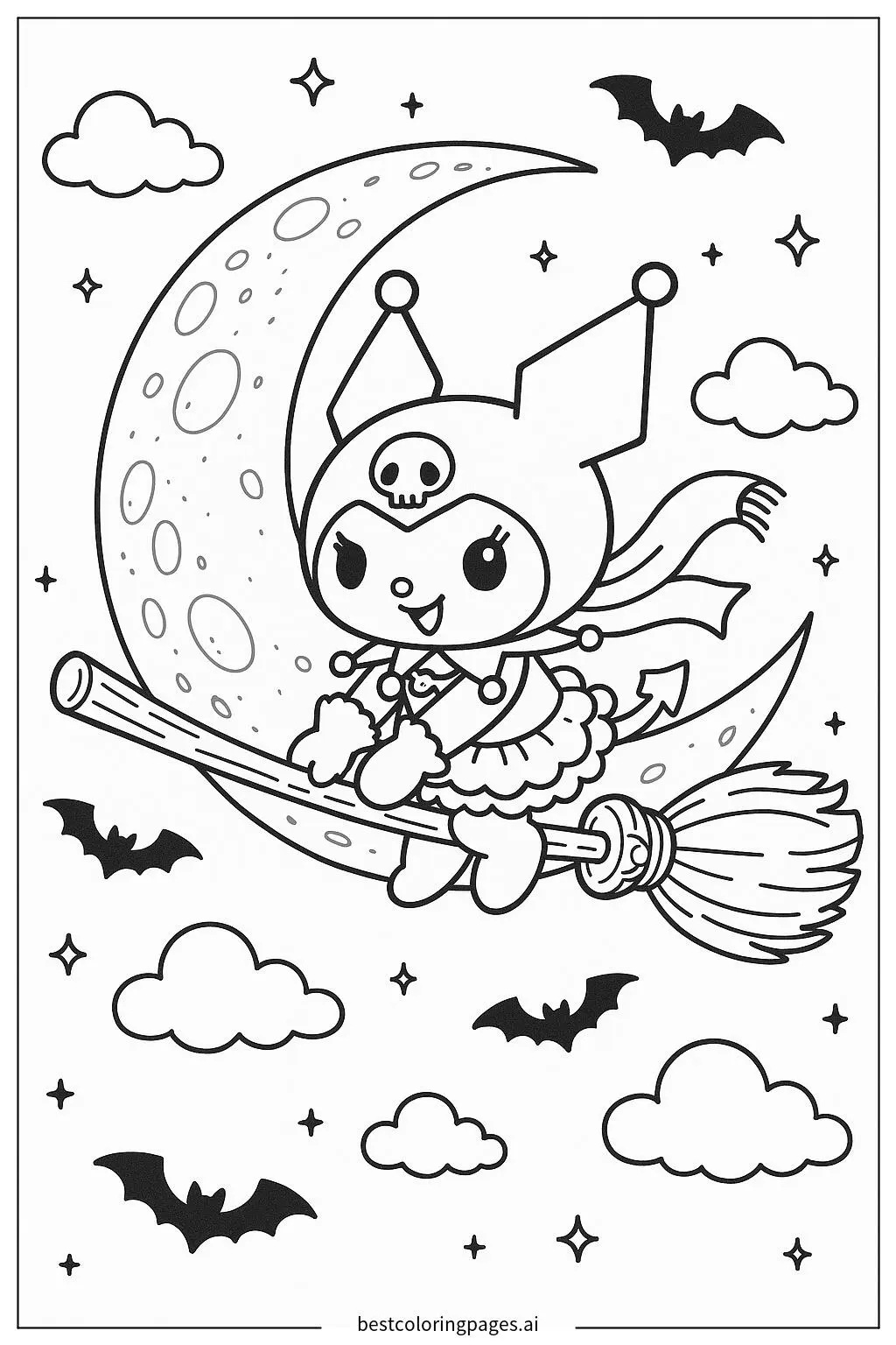Kuromi Flying on a Broomstick Over the Moon