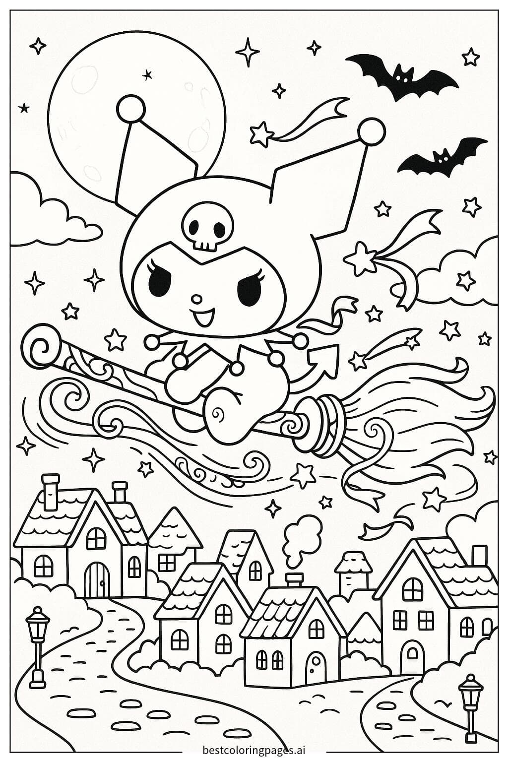 Kuromi Flying on a Magical Broomstick Over a Moonlit Town