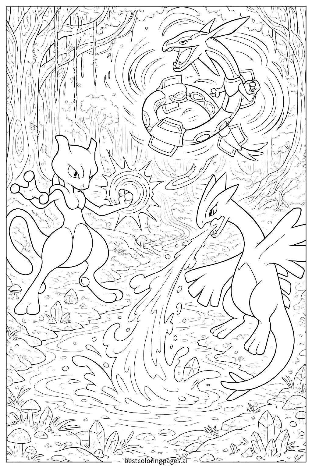 Epic Pokémon Battle in a Magical Forest Coloring Page