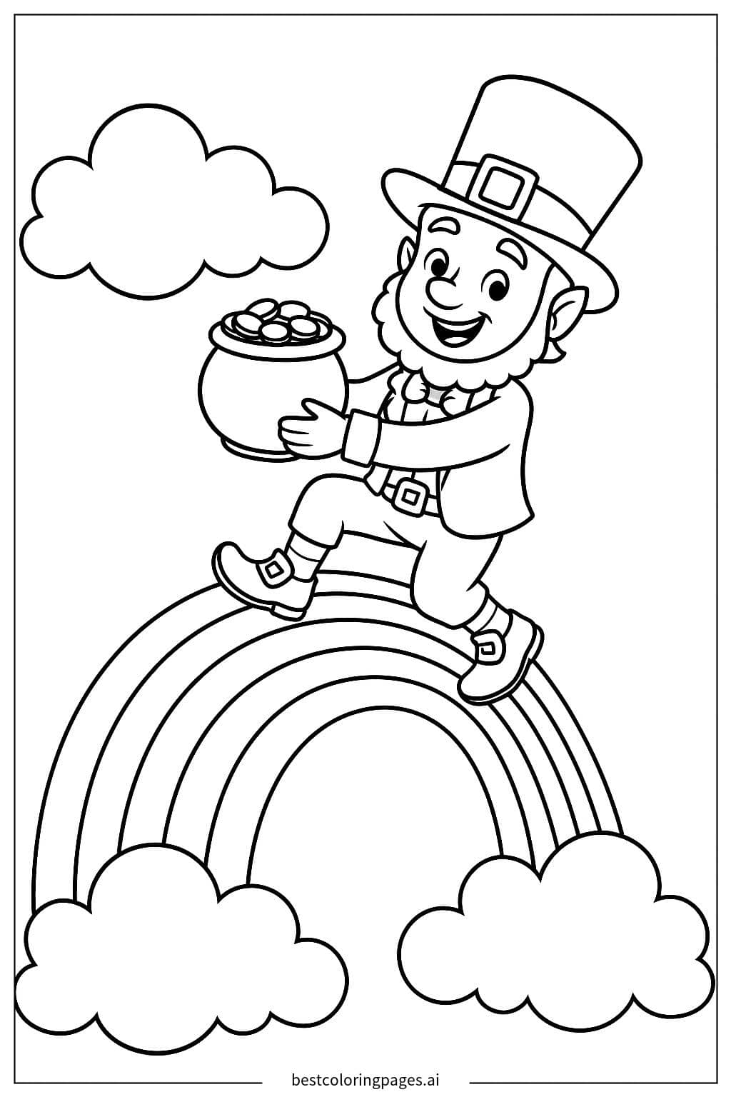Leprechaun Climbing a Rainbow to the Clouds Coloring Page