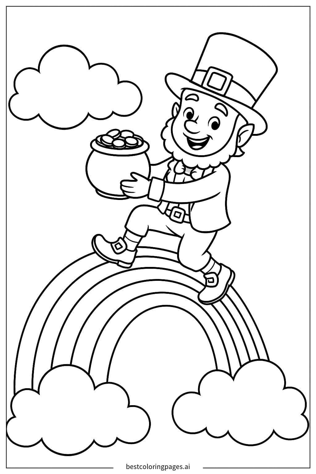 Leprechaun Climbing a Rainbow to the Clouds Coloring Page
