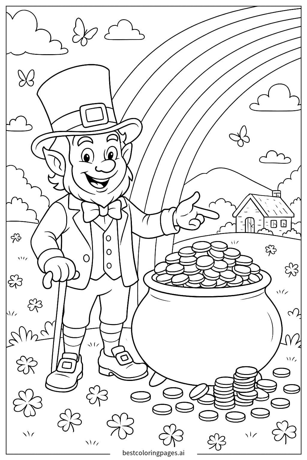 Leprechaun Guarding the Pot of Gold at Rainbow's End Coloring Page