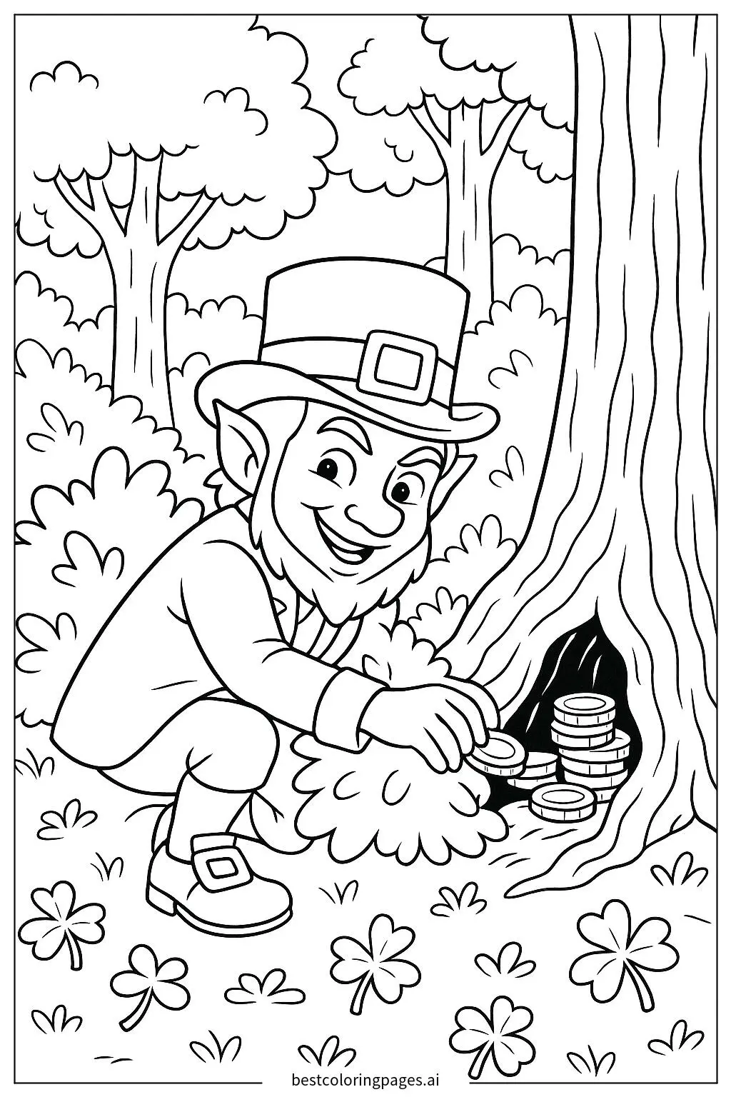 Leprechaun Hiding Gold Coins in a Forest