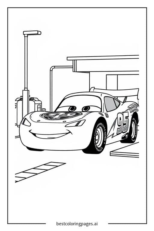 Lightning McQueen at the Pit Stop Coloring Page